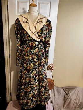 Ms Chaus Vtg 90s Wms Moody Florals Embroidered Collar Cottagecore Maxi Dress 12